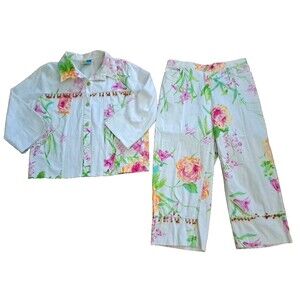 Vintage Sea Suns Pants Set W Jacket 90s Beads Rose Floral Print White Medium